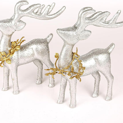 2 pcs Reindeer Christmas Decorations, Silver Christmas Reindeer Figurines with Gold Eucalyptus Garland, Indoor Deer Décor Christmas Table Centerpieces Decorations