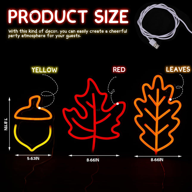 ROCEEI 3 Pcs Thanksgiving Neon Sign, Maple Leaf Neon LED Lights Plant Neon Lights USB Wall Bar Living Room Decor for Fall Christmas Party Holiday Night Bedroom s