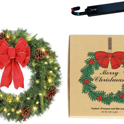Solar Christmas Wreath Pre-Lit Solar 50 Led Artificial Wreath Outdoor Front Door Window Christmas Decorations with Frosted Branches Pine Cones Berry Clusters Red Velvet Bows 24 Inches