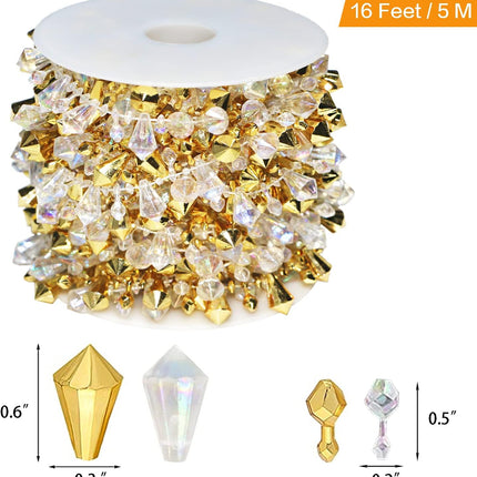 Jishi 16ft Christmas Garland Christmas Tree Gold Bead Decoration Clear Iridescent & Gold Bead Garland Twist Bead String for Christmas Tree Decorations, Rustic Crystal Garland Ornaments for Home Decor
