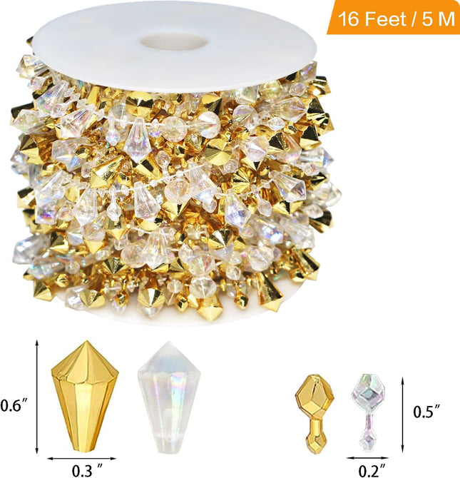 Jishi 16ft Christmas Garland Christmas Tree Gold Bead Decoration Clear Iridescent & Gold Bead Garland Twist Bead String for Christmas Tree Decorations, Rustic Crystal Garland Ornaments for Home Decor