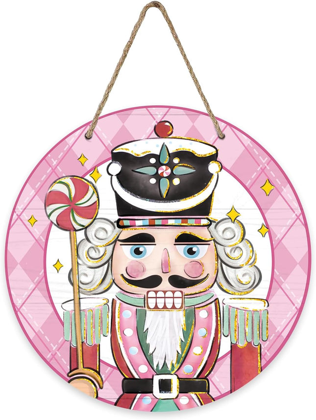 Deroro Christmas Nutcracker Front Door Sign, Pink Xmas Soldier Candy Buffalo Plaid Check Wood Door Hanger Outdoor Outside Porch Decor, Farmhouse Holiday Wooden Wreath Indoor Wall Hanging Decoration