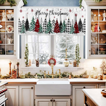 Christmas Curtain Valances for Windows, Buffalo Plaid Christmas Tree Snowflake Rod Pocket Valance Window Treatments Winter Xmas Short Curtains for Kitchen Bathroom Living Room 42 x 18 Inches, 1 Panel