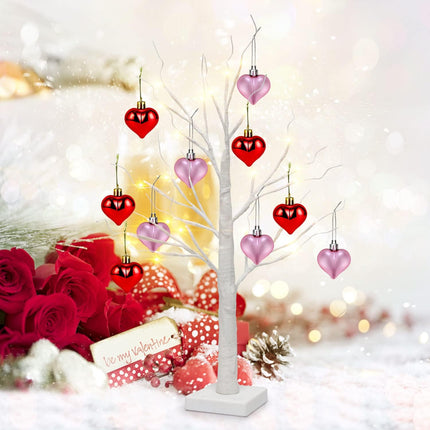 2Pcs Valentine 24'' Tabletop Birch Tree, Timing White Birch Tree with 24 LED Lights Battery Powered, Artificial Valentine Tree Set of 10 Heart Ornaments for Valentine's Day Table Decor Home Indoor