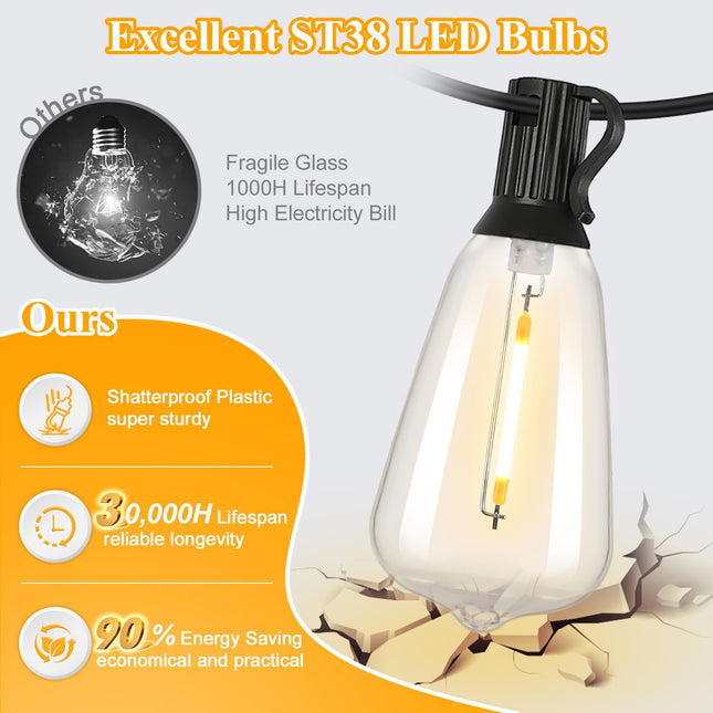 Brightever LED Outdoor String Lights 100FT Patio Lights with 52 Shatterproof ST38 Vintage Edison Bulbs Outside Hanging Lights Waterproof for Porch Deck Garden Backyard Balcony 2700K Dimmable