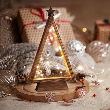 Wooden Christmas Trees Tabletop Decoration - 13.3" Lighted Wooden Christmas Tree, Triangle-Shaped - Perfect Mantle Decor, Farmhouse Style Tabletop Decor, Tabletop Lighted Xmas Tree with Lights