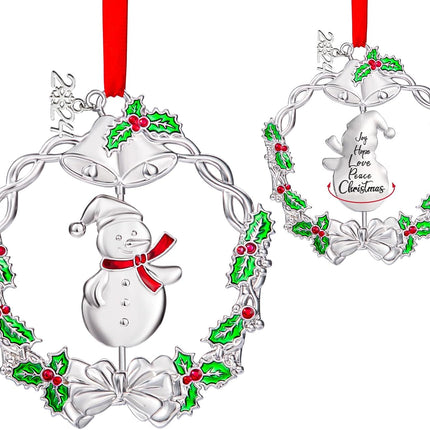 Christmas Wreath Snowman Ornament Metal Silver Hanging Rotatable Design Charm Holiday Decorative Pendant Keepsake
