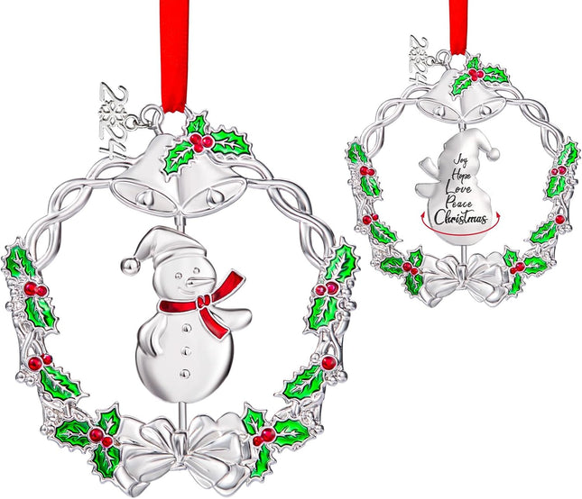 Christmas Wreath Snowman Ornament Metal Silver Hanging Rotatable Design Charm Holiday Decorative Pendant Keepsake