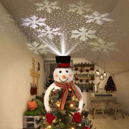Lewondr Christmas Tree Topper Hat Projector, Snowman Hat Tree Topper with Snowflake Projector Light, Decorative Elf Hat Tree Topper for Xmas Tree Year Holiday Party Winter Home Decoration, White