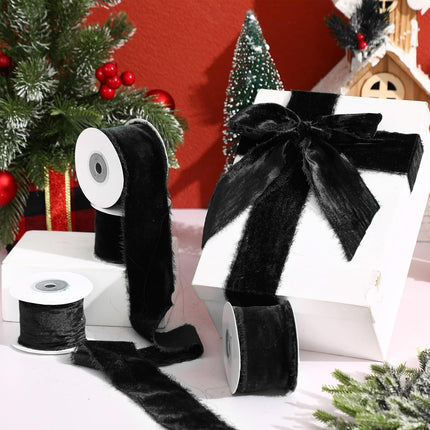 Preboun 4 Rolls Silk Velvet Ribbon for Wrapping 24 Yards Total Frayed Edge Velvet Ribbon for Christmas Wedding DIY Crafts Wreaths X-Mas Tree Decor(Black,2 Inch)