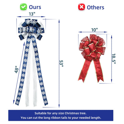 Glitter Christmas Tree Topper Bow with 53 Inch Blue Streamers Velvet Wired Ribbon,Large Christmas Bows with Snowflake Patterned for Wedding, Christmas,Party Decoration