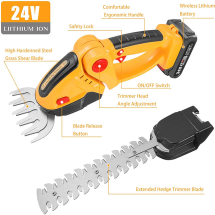 24V Cordless Grass Shear & Hedge Trimmer, 2 in 1 Electric Mini Hedge Trimmer, Handheld Grass Cutter Clippers Power Hedge Trimmers with 1500mAh Rechargeable Battery & Charger for Gardening