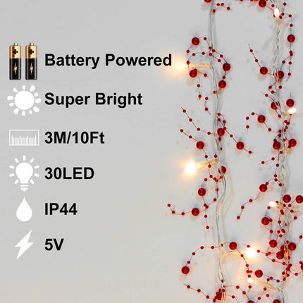 TURNMEON 10 Ft 30 LED Red Christmas Garland with Lights Timer Lighted Beaded Garland Christmas String Lights Battery Powered Xmas Garland Christmas Garland Decorations for Home Mantle Fireplace Table