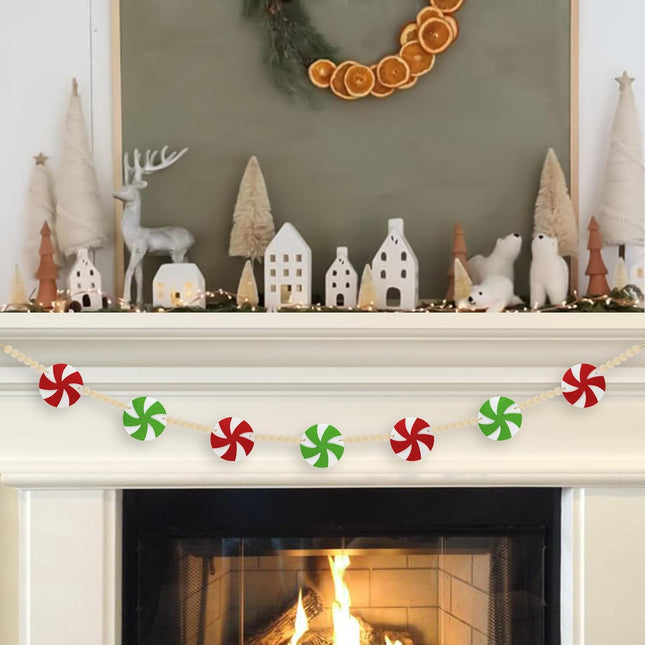 Green Christmas Garland Decorations, Red & Green Peppermint Felt Wood Beads Garland - Green Themed Christmas Felt Garland for Mantle, Tree, or Wall Decor - Christmas Garland Home Decorations