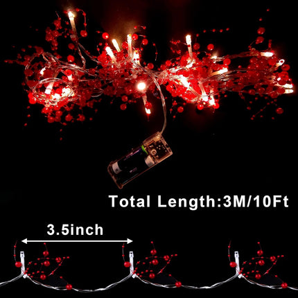 TURNMEON 10 Ft 30 LED Red Christmas Garland with Lights Timer Lighted Beaded Garland Christmas String Lights Battery Powered Xmas Garland Christmas Garland Decorations for Home Mantle Fireplace Table