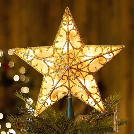 Christmas Star Tree Topper 3D Star Tree Topper 9.5In Metal Hollow Designed Built-in 10 Bulbs String Lights for Indoor Office Christmas Year Holiday Tree Decoration