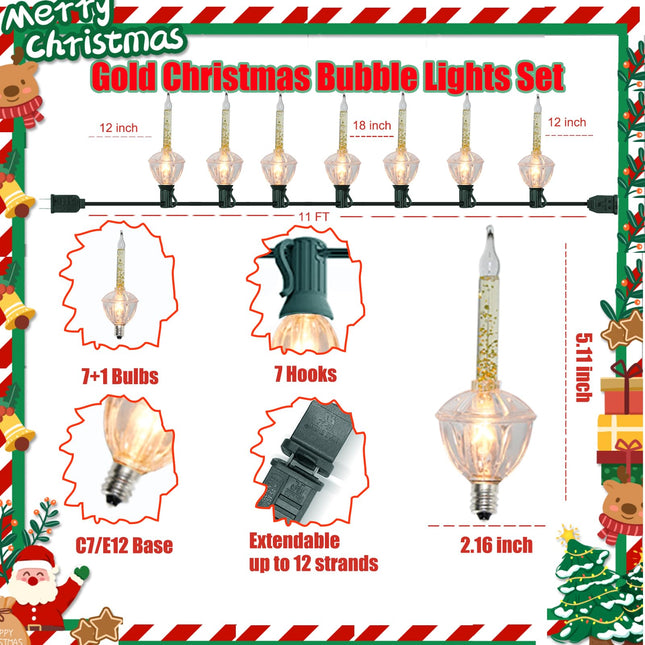 Christmas Bubble Lights Set, 11Ft Vintage Bubble Light String with 8 Clear Bubble Fluids with Gold Glitter Bulbs(1 Spare), UL Listed for Holiday Party House Christmas Celebrations Decor, Green Wire