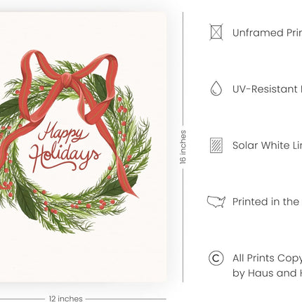 HAUS AND HUES Merry Christmas Wreath Wall Art Decor - Made in the USA - Unframed 12x16 (Wreath)