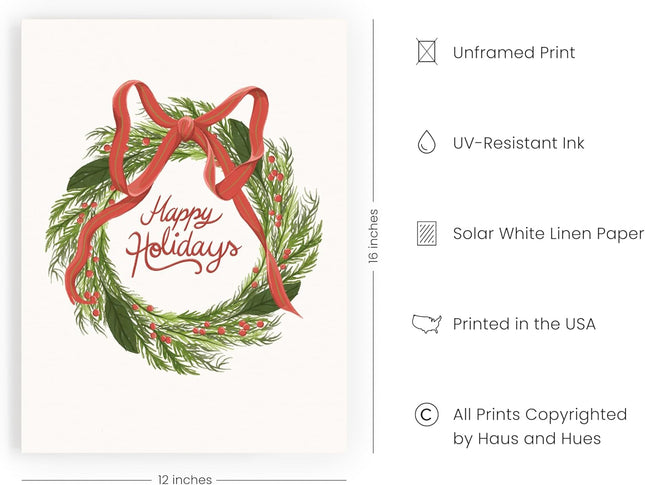 HAUS AND HUES Merry Christmas Wreath Wall Art Decor - Made in the USA - Unframed 12x16 (Wreath)