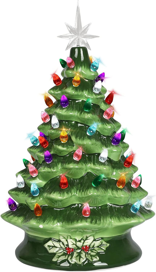 15-inch Vintage Ceramic Christmas Tree with Multi-Color Lights, Desktop Decorations