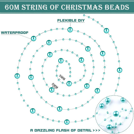 200 Feet Teal Blue Pearl Beads Garland Chain Christmas Artificial Pearl Strands Bead Decor Round Shiny Beads String Garland for Christmas Tree Party Decor Teal Wedding Bridal Bouquet Craft DIY