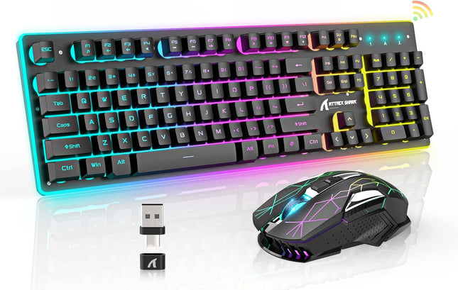 A.jAZZ Wireless Gaming Keyboard and Mouse Combo,Full Size 12 RGB Chroma Backlit Keyboard,Rechargeable 4200mAh Mechanical Feel USB/Type-C Dual Receiver Silent Mice,for PC,Mac,Laptop,PS4,Xbox,Black