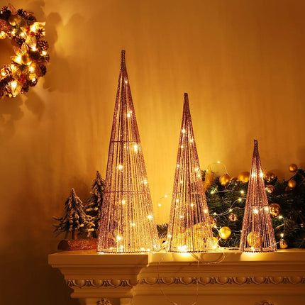 Lewondr Christmas Cone Trees, Set of 3 Christmas Tree with Lights and Glitters(24"/18"/12"), Battery Powered Decorative Straightened Thread Christmas Tree for Home Holiday Xmas Décor, Champagne Gold