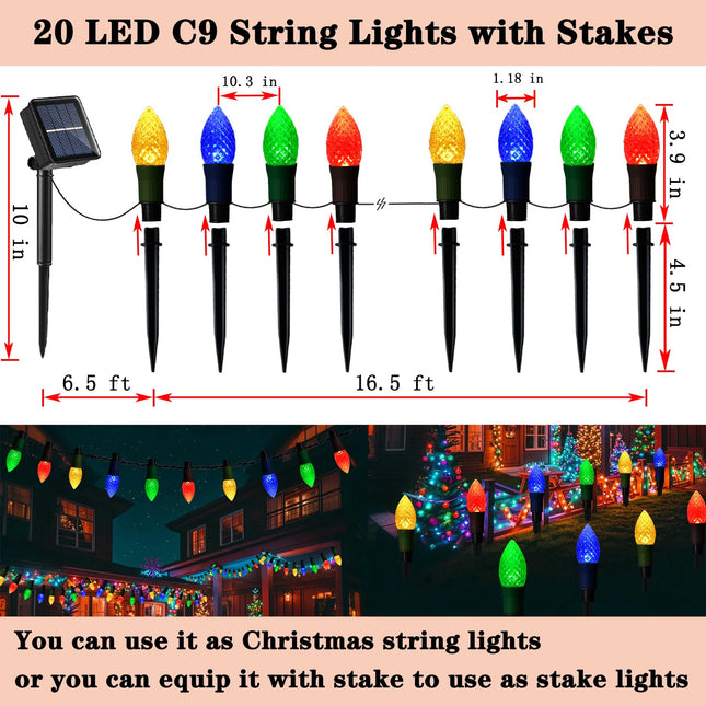 est Solar Christmas Lights Outdoor Christmas Decorations, Christmas Pathway Lights, Waterproof 20 LED C9 Strawberry String Lights with 20 Stakes for Driveway Walkway Christmas Tree, Multicolored