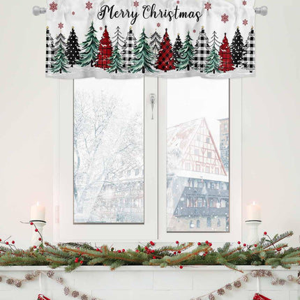 Christmas Curtain Valances for Windows, Buffalo Plaid Christmas Tree Snowflake Rod Pocket Valance Window Treatments Winter Xmas Short Curtains for Kitchen Bathroom Living Room 42 x 18 Inches, 1 Panel