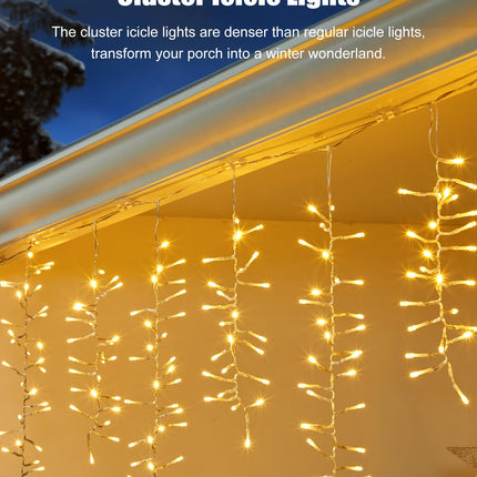 Brightown Cluster Icicle Lights for Outside, 20Ft 1125 LED Christmas Lights with 30 Drops, Icicle Christmas Lights Outdoor with Timer Function, Christmas Lights for House Roofline, Warm White