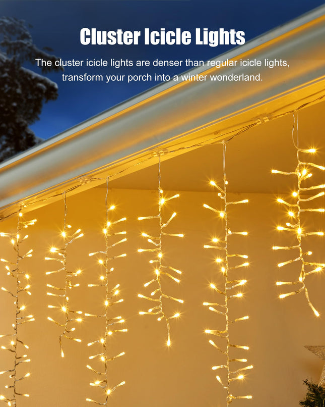 Brightown Cluster Icicle Lights for Outside, 20Ft 1125 LED Christmas Lights with 30 Drops, Icicle Christmas Lights Outdoor with Timer Function, Christmas Lights for House Roofline, Warm White