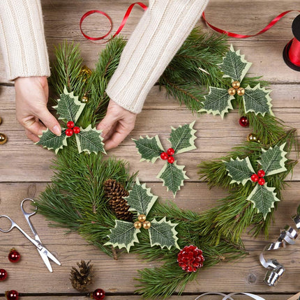 BigOtters Artificial Holly Berries with Green Leaves, 24PCS Gold and Red Holly Berry Flower with Leaves for Christmas Wreath Arrangement Cake Toppers Craft Wedding Party Home Decorations