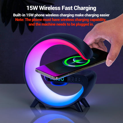 Mini G Type Wireless Charging Atmosphere Lamp with Bluetooth Speaker Alarm Clock Night Light 15W Wireless Charger Speaker for Bedside Lamp Ambient Lighting for Christmas (Black)