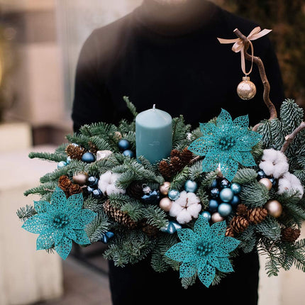 Winlyn 24 Pack Christmas Teal Glitter Poinsettia Flowers Picks Christmas Tree Ornaments 5.9" Wide for Teal Christmas Tree Wreaths Garland Holiday Seasonal Wedding Decorations White Box Included