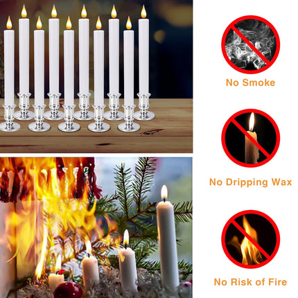 LED Flameless Window Candles with Remote Timer Sliver Base 10 PCS Battery Operated Flickering Taper Candle Lights with Removable Candle Holders Best for Xmas Wedding Home Dinner Décor