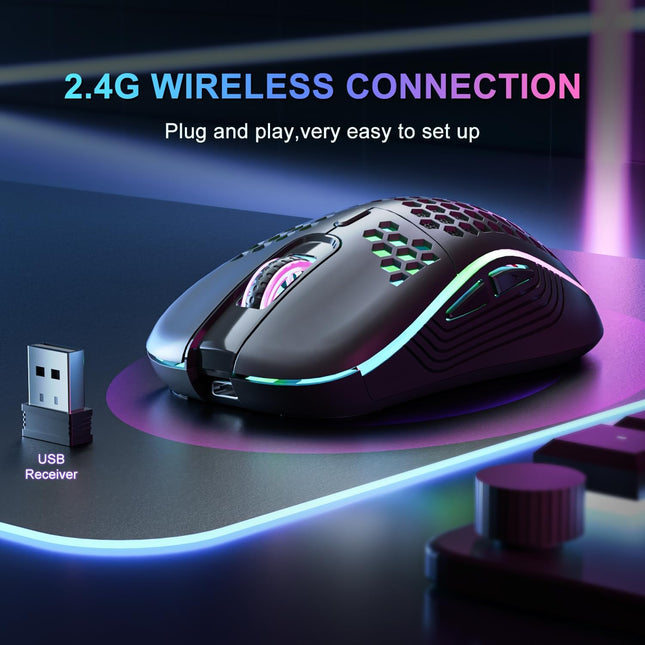 Wireless Gaming Mouse with Honeycomb Shell,USB Cordless 2.4GHz Ergonomic Wireless Mouse,Rechargeable RGB Backlight Computer Mouse for pc,Laptop,Computer(Black)