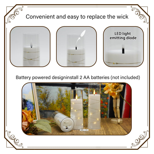 Flickering Flameless LED Candles,Battery Operated Candles 9 Pcs with Embedded Star String,Acrylic LED Pillar Candles with Remote,Suitable for Home Decoration to Create an Atmosphere（White）