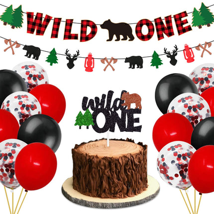 Wild 1st One Birthday Decorations Pack - Buffalo Plaid Christmas Winter Bear Woodland Camping Hunting Lumberjack-Themed Baby Shower Bday Party Supplies Includes Glitter Cake Topper Banner and Balloons