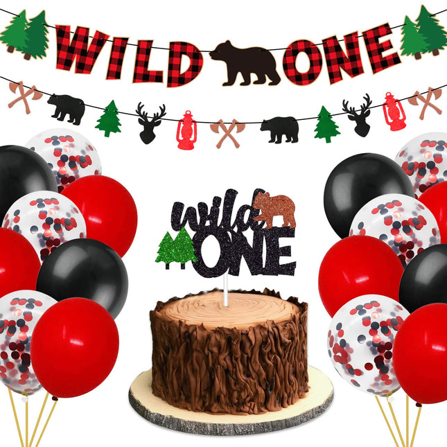 Wild 1st One Birthday Decorations Pack - Buffalo Plaid Christmas Winter Bear Woodland Camping Hunting Lumberjack-Themed Baby Shower Bday Party Supplies Includes Glitter Cake Topper Banner and Balloons