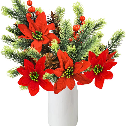 Uieke 4 PCS Artificial Christmas Picks Pine Branches with Red Berry Stems, 13.6'' Poinsettia Christmas Tree Picks Faux Evergreen Sprigs for Home DIY Wreath Craft Winter Festive Decor