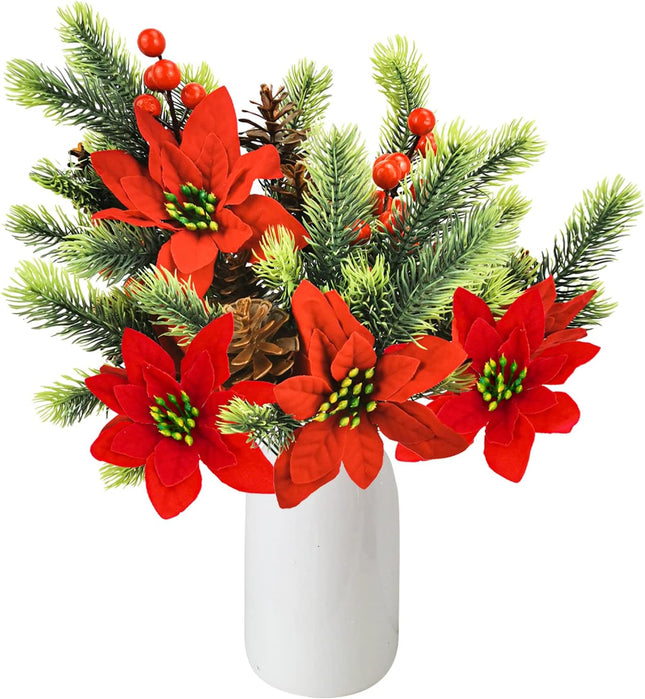 Uieke 4 PCS Artificial Christmas Picks Pine Branches with Red Berry Stems, 13.6'' Poinsettia Christmas Tree Picks Faux Evergreen Sprigs for Home DIY Wreath Craft Winter Festive Decor