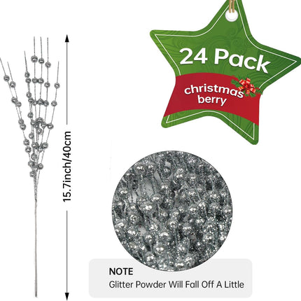 24 Pack Christmas Glitter Berry Stems, Artificial Decorative Branches for Tree, Festive Bead Sticks for Holiday Wreath Ornaments, Decorative Christmas Picks Glittery Twigs, DIY Home Decor (Sliver)
