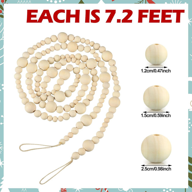 Bucherry 4 Pcs 28.8 Feet Christmas Wooden Bead Garland Xmas Farmhouse Beads Rustic Round Craft Christmas Tree Farmhouse Decor Boho Vintage Garland for Christmas Decoration Supplies, 7.2 Feet/ 1 Pcs