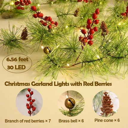Christmas Garland Lights 6.56 FT Smokey Pine Garland with 30 LED Fairy Lights Battery Operated Garland Lights with Red Berries Bells Pine Cones Garland Christmas Lights Indoor Home Decorations