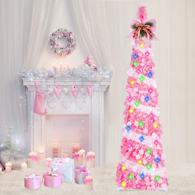 5Ft Pop Up Tinsel Christmas Tree with LED Lights, Sequins, Tree Topper, Collapsible Pencil Christmas Tree Artificial, Holiday Indoor Christmas Decoration for Home, Office, Apartment Xmas Décor