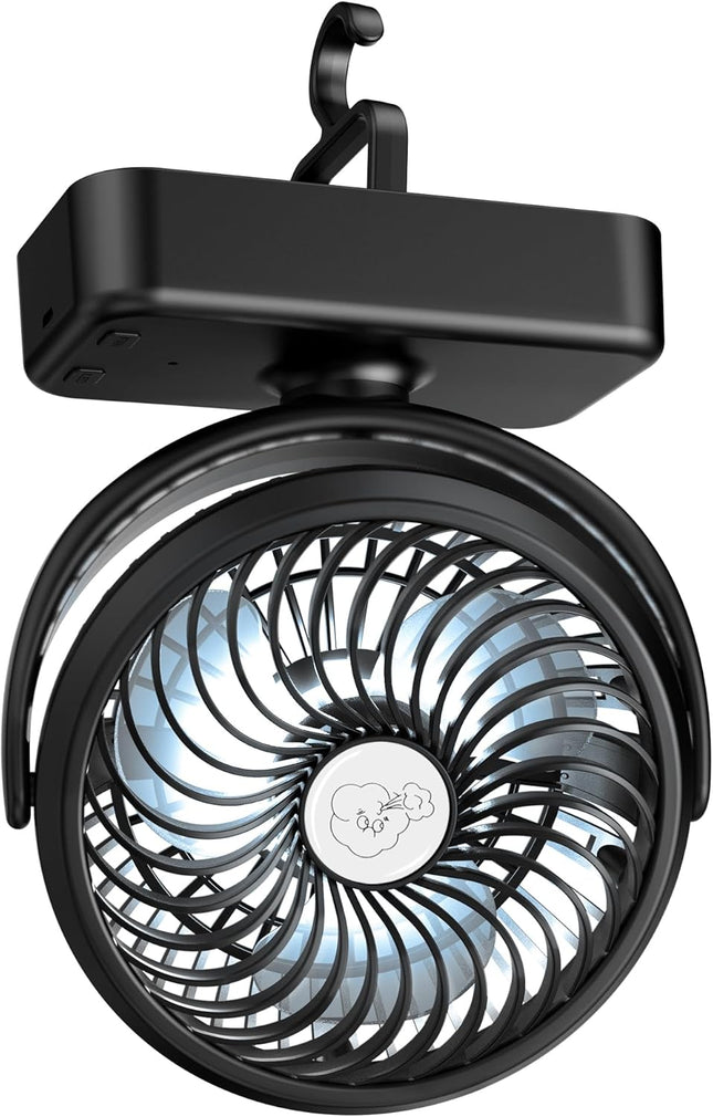 Portable Camping Fan, Small Tent Fan With Hanging Hook, 40 Working Hours Rechargeable Usb Battery Fan With Led Lights For Desk