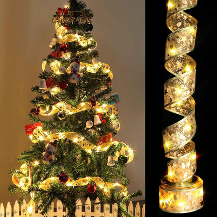 32ft Christmas Tree Ribbon with 100 LED Lights, Gold Wired Ribbon for Christmas Tree with Battery & USB Powered, 8 Lighting Modes, Xmas Tree Decorations, Christmas Ribbon Lights