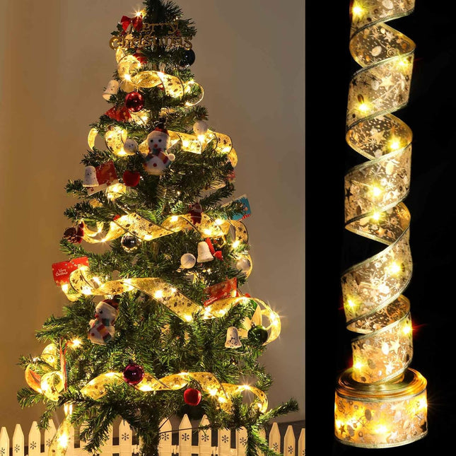 32ft Christmas Tree Ribbon with 100 LED Lights, Gold Wired Ribbon for Christmas Tree with Battery & USB Powered, 8 Lighting Modes, Xmas Tree Decorations, Christmas Ribbon Lights