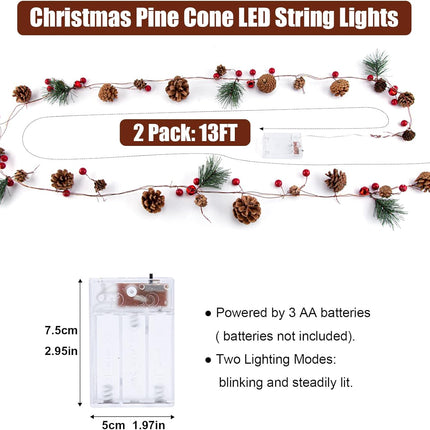 2 Pack Christmas Garland, 6.56 Ft LED String Light with Pine Cones, Red Berries, Bells for Xmas Decor Mantle Fireplace Christmas Holiday Party Thanksgiving Decoration, 20 LED Lights, Battery Operated