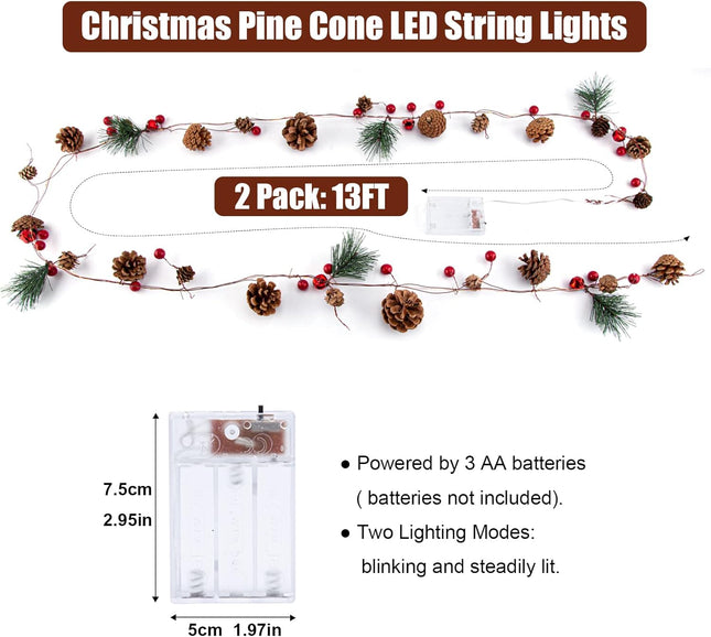 2 Pack Christmas Garland, 6.56 Ft LED String Light with Pine Cones, Red Berries, Bells for Xmas Decor Mantle Fireplace Christmas Holiday Party Thanksgiving Decoration, 20 LED Lights, Battery Operated